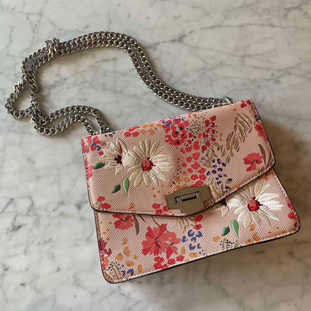 Pink/Mauve Floral Embroidered Chain Shoulder Bag